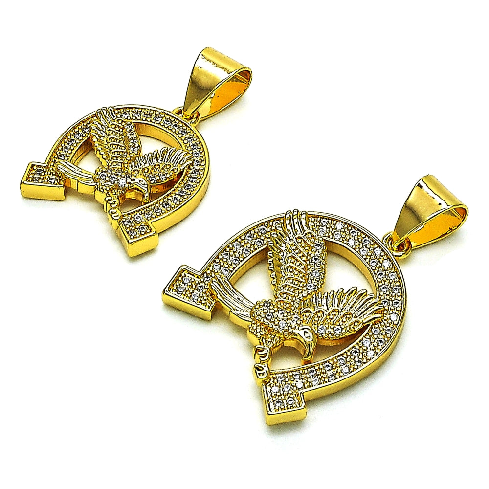 Oro Laminado Fancy Pendant, Gold Filled Style Eagle Design, with White Micro Pave, Polished, Golden Finish