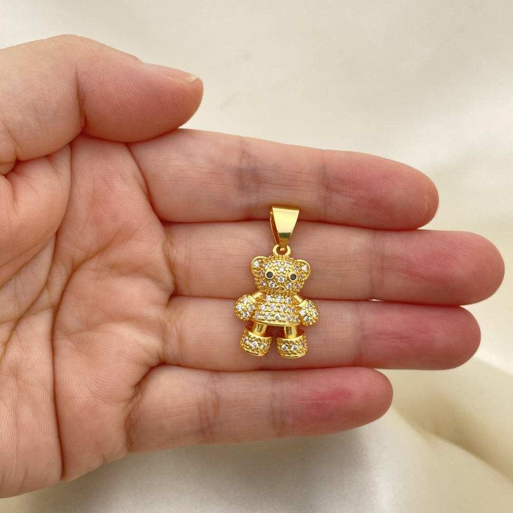 Oro Laminado Fancy Pendant, Gold Filled Style Teddy Bear Design, with White and Black Micro Pave, Polished, Golden Finish