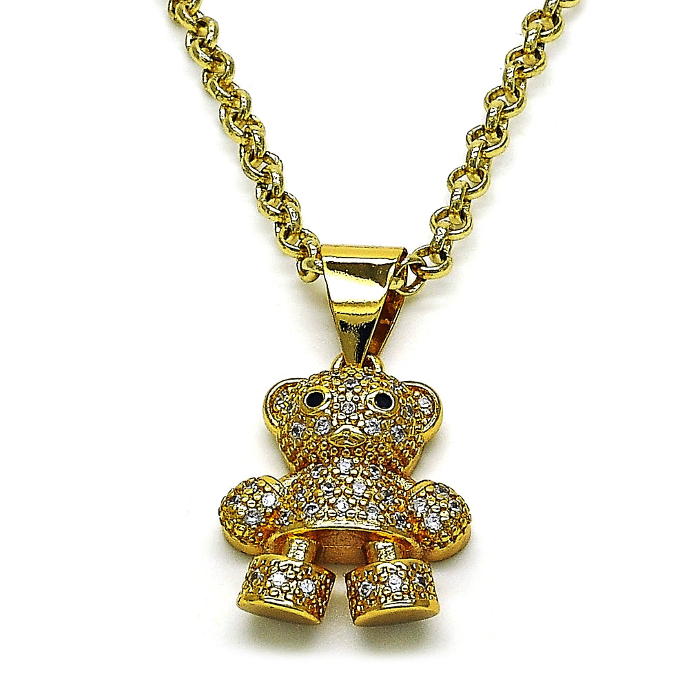 Oro Laminado Fancy Pendant, Gold Filled Style Teddy Bear Design, with White and Black Micro Pave, Polished, Golden Finish