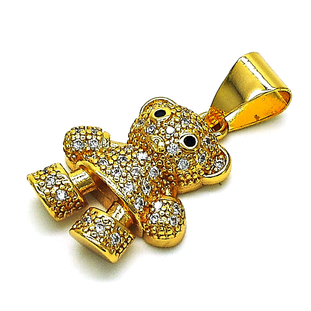 Oro Laminado Fancy Pendant, Gold Filled Style Teddy Bear Design, with White and Black Micro Pave, Polished, Golden Finish