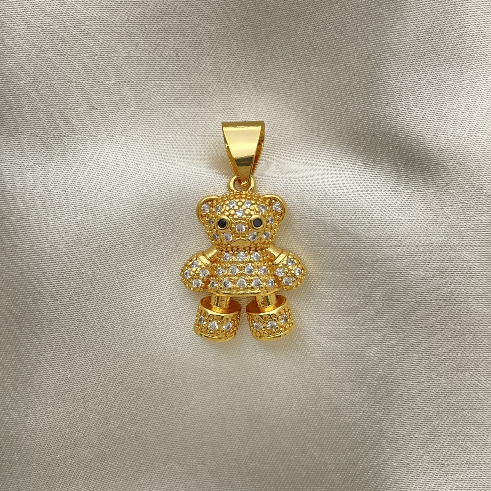 Oro Laminado Fancy Pendant, Gold Filled Style Teddy Bear Design, with White and Black Micro Pave, Polished, Golden Finish