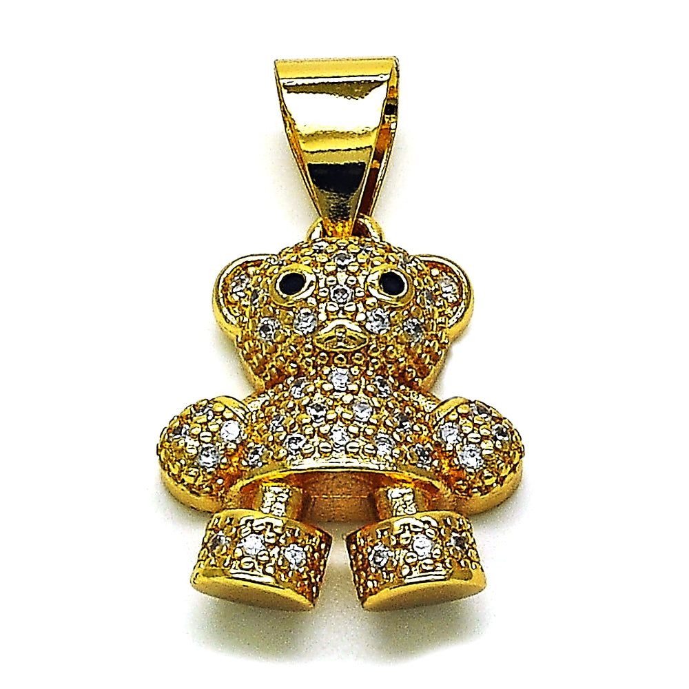 Oro Laminado Fancy Pendant, Gold Filled Style Teddy Bear Design, with White and Black Micro Pave, Polished, Golden Finish