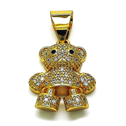 Oro Laminado Fancy Pendant, Gold Filled Style Teddy Bear Design, with White and Black Micro Pave, Polished, Golden Finish
