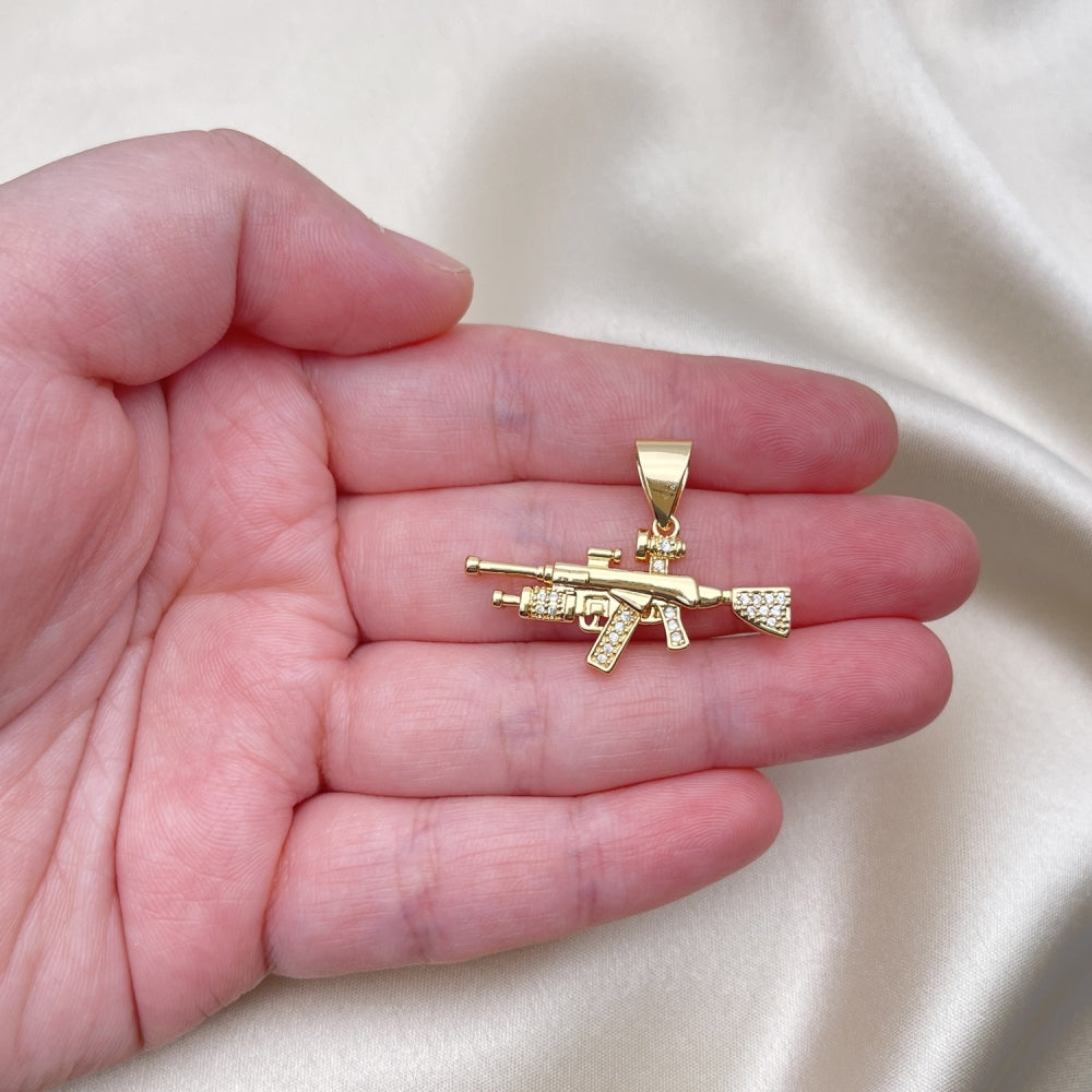 Oro Laminado Fancy Pendant, Gold Filled Style with White Micro Pave, Polished, Golden Finish