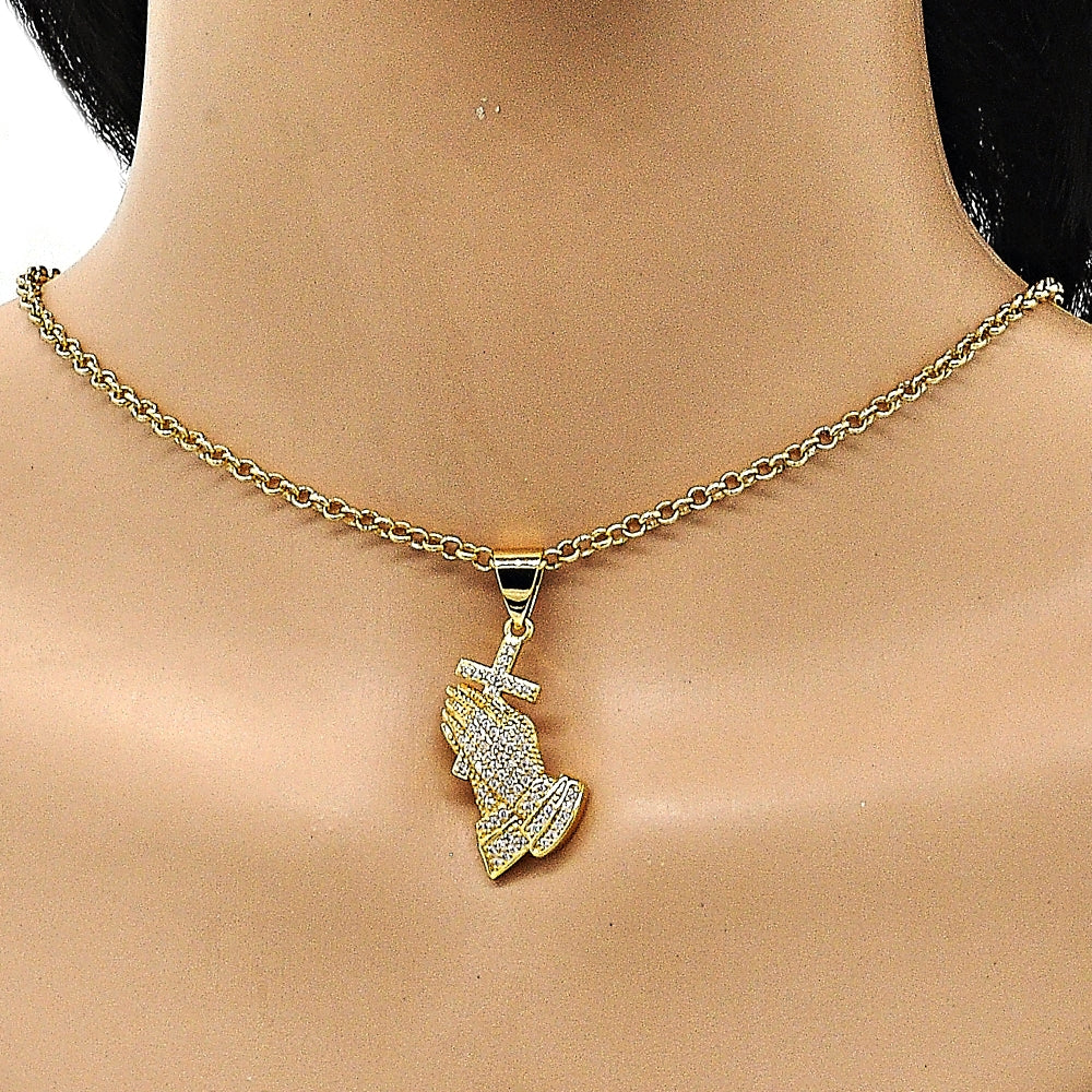 Oro Laminado Religious Pendant, Gold Filled Style Praying Hands and Cross Design, with White Micro Pave, Polished, Golden Finish