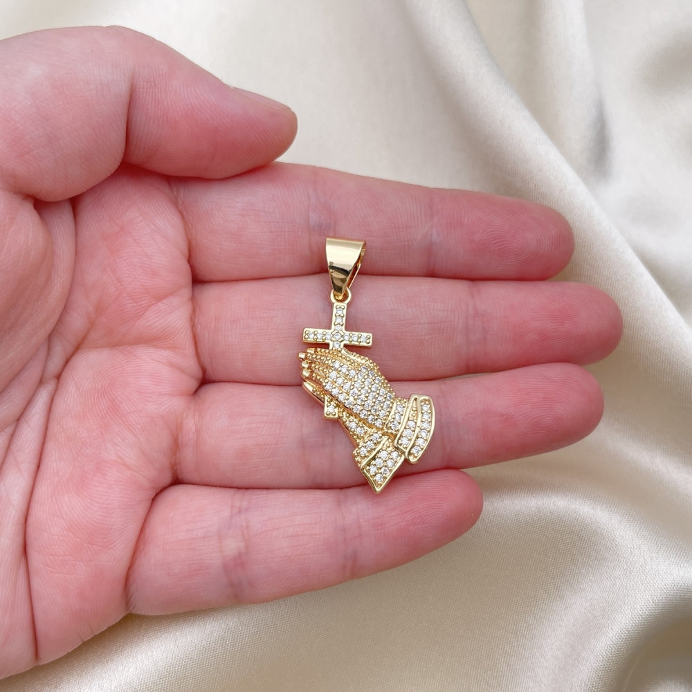 Oro Laminado Religious Pendant, Gold Filled Style Praying Hands and Cross Design, with White Micro Pave, Polished, Golden Finish