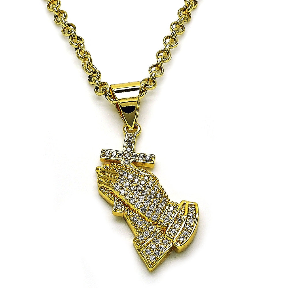 Oro Laminado Religious Pendant, Gold Filled Style Praying Hands and Cross Design, with White Micro Pave, Polished, Golden Finish