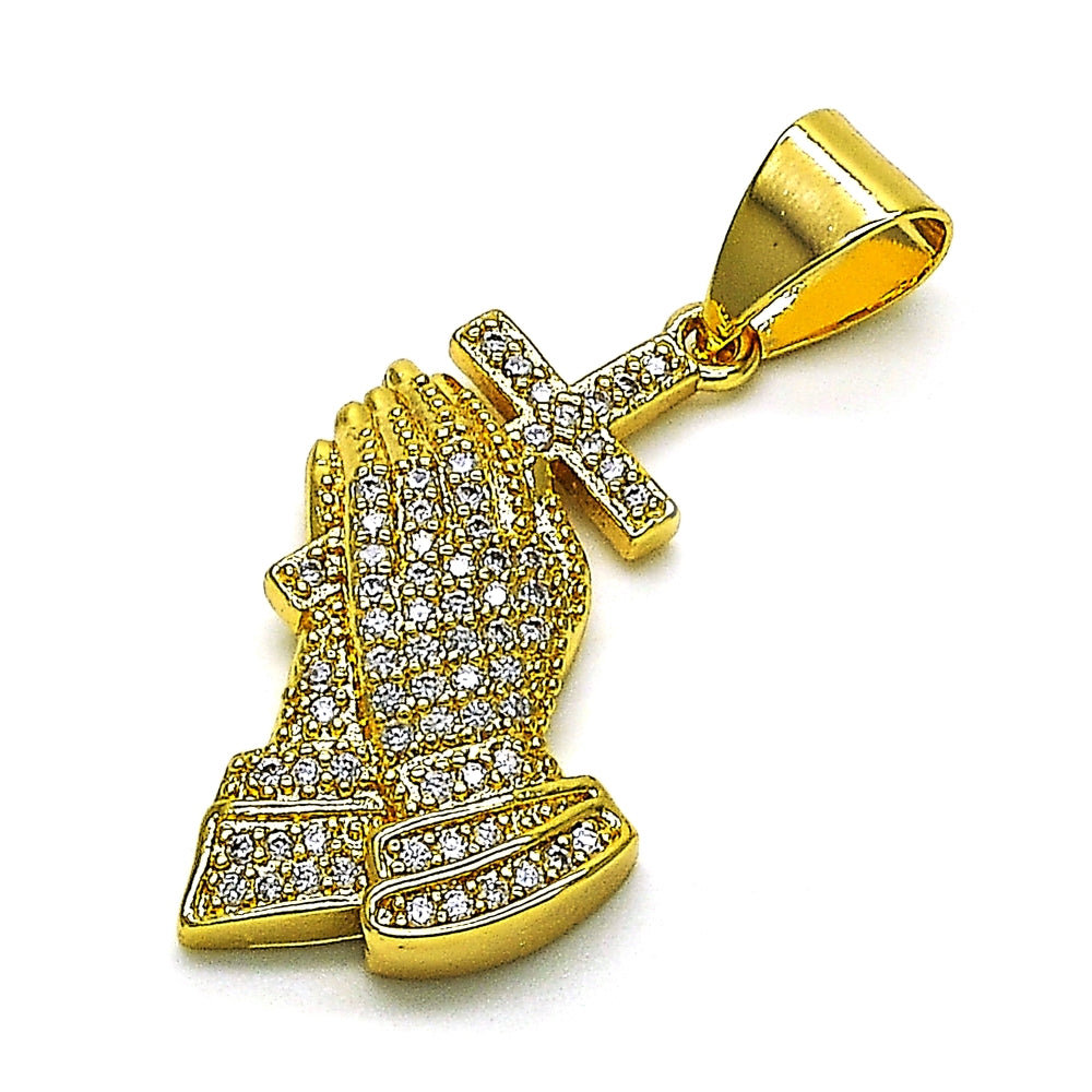 Oro Laminado Religious Pendant, Gold Filled Style Praying Hands and Cross Design, with White Micro Pave, Polished, Golden Finish