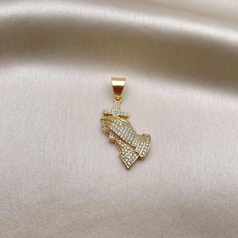 Oro Laminado Religious Pendant, Gold Filled Style Praying Hands and Cross Design, with White Micro Pave, Polished, Golden Finish