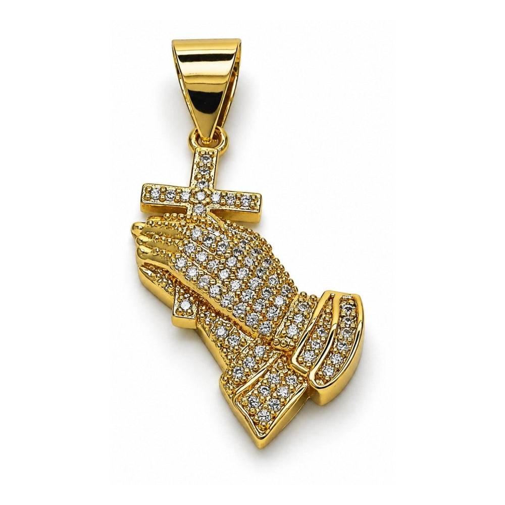 Oro Laminado Religious Pendant, Gold Filled Style Praying Hands and Cross Design, with White Micro Pave, Polished, Golden Finish