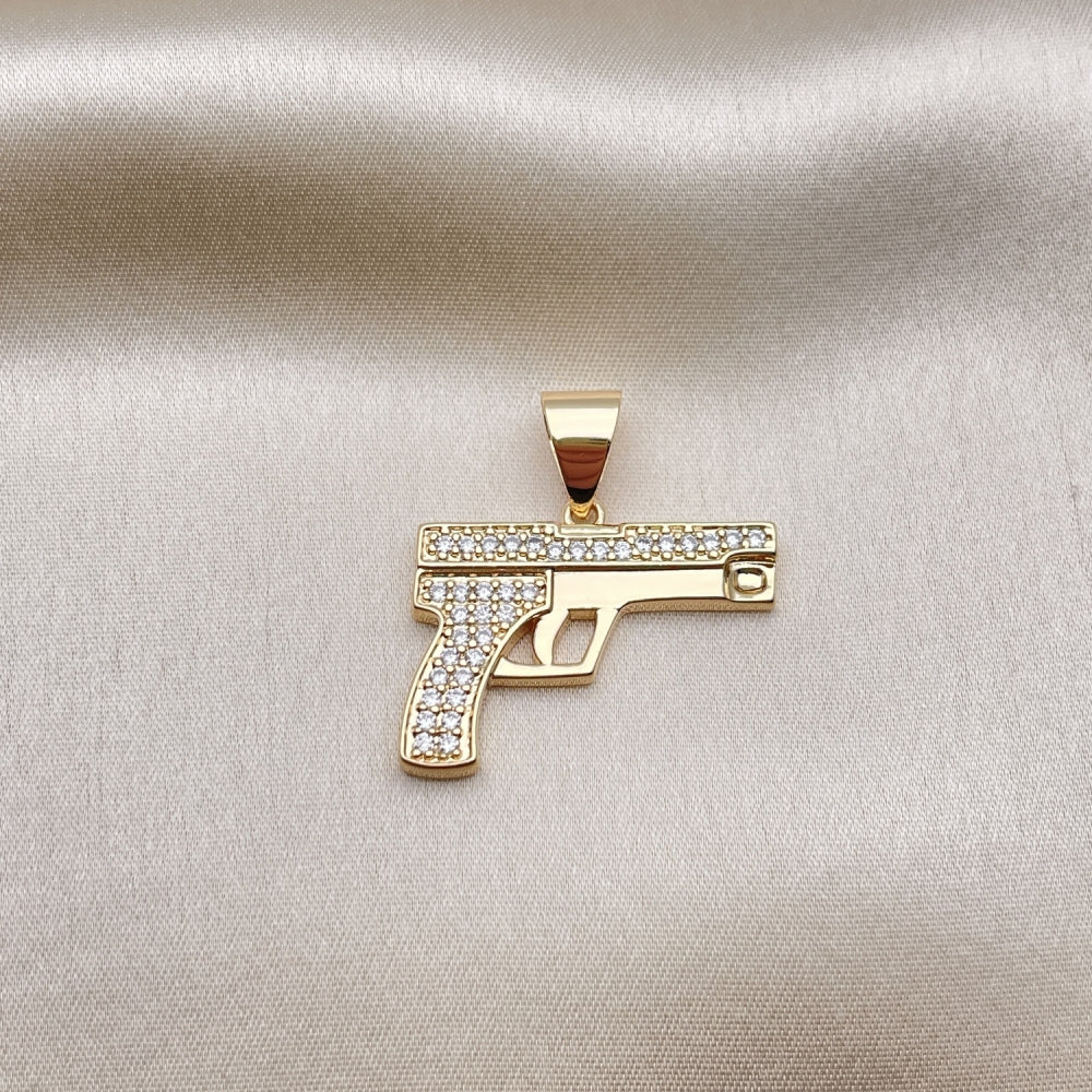 Oro Laminado Fancy Pendant, Gold Filled Style with White Micro Pave, Polished, Golden Finish