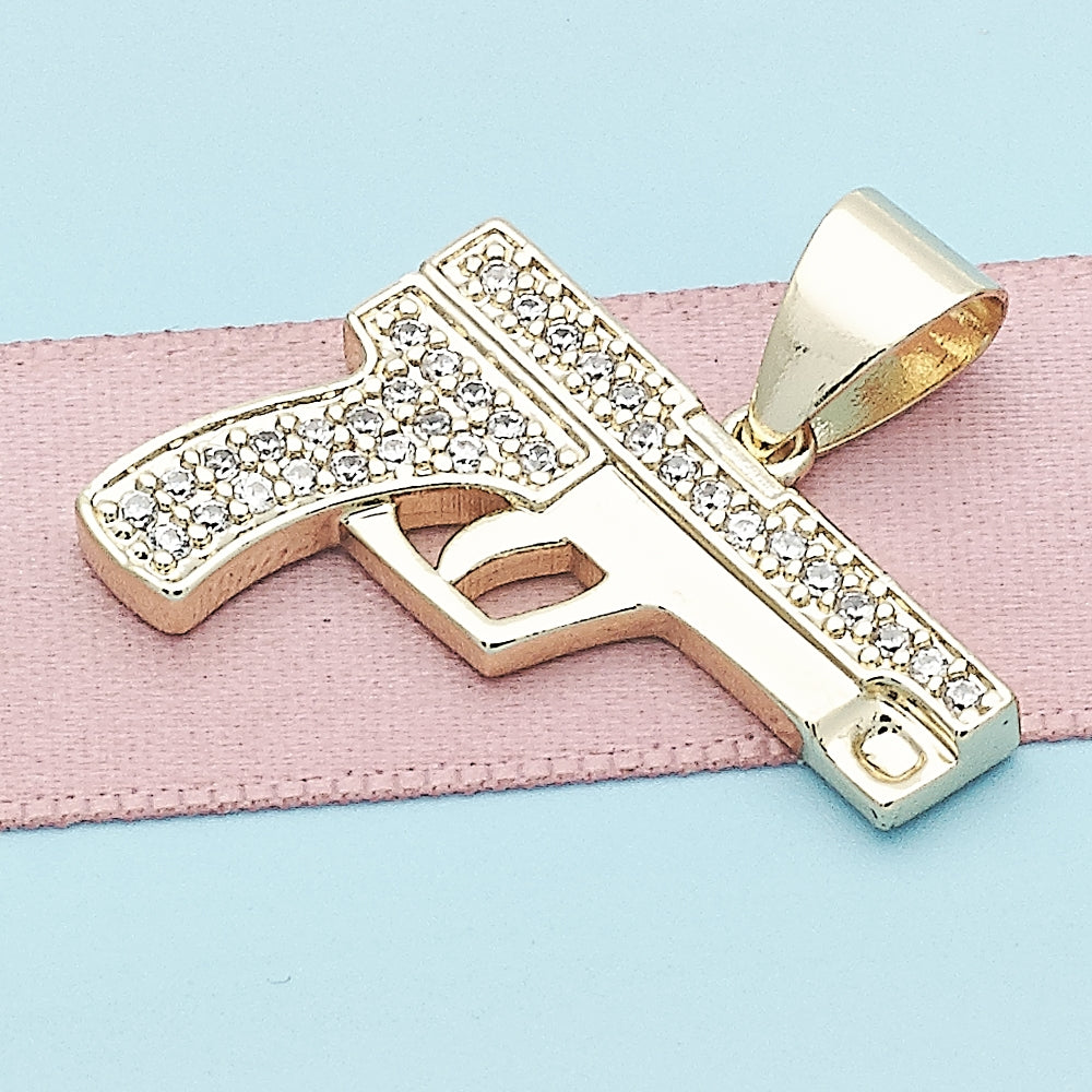 Oro Laminado Fancy Pendant, Gold Filled Style with White Micro Pave, Polished, Golden Finish