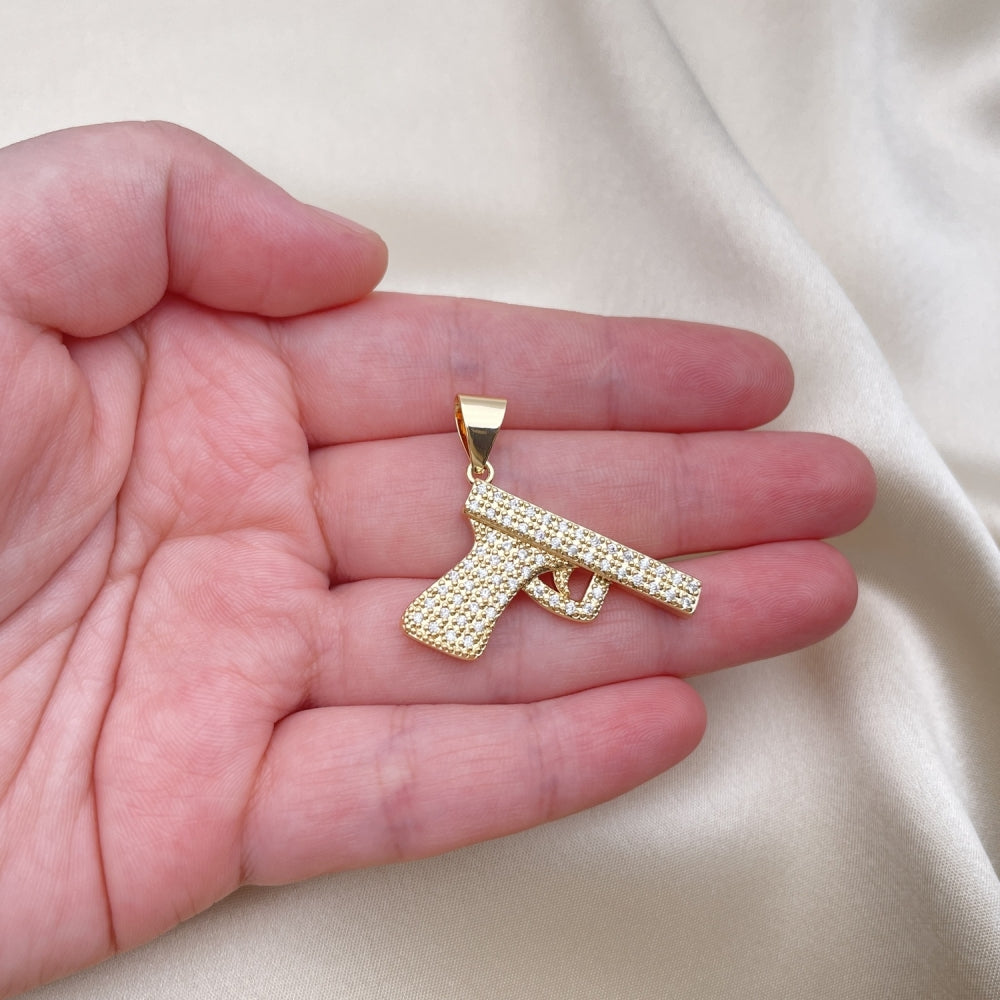 Oro Laminado Fancy Pendant, Gold Filled Style with White Micro Pave, Polished, Golden Finish