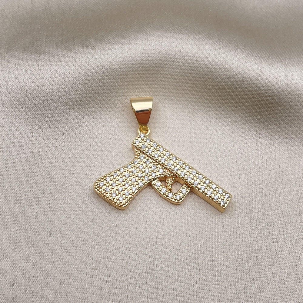 Oro Laminado Fancy Pendant, Gold Filled Style with White Micro Pave, Polished, Golden Finish