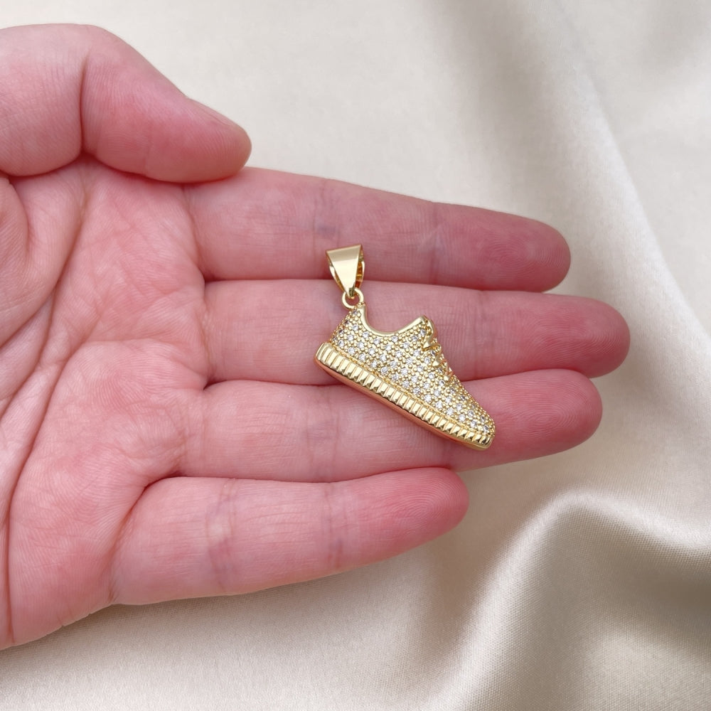 Oro Laminado Fancy Pendant, Gold Filled Style Shoes Design, with White Micro Pave, Polished, Golden Finish