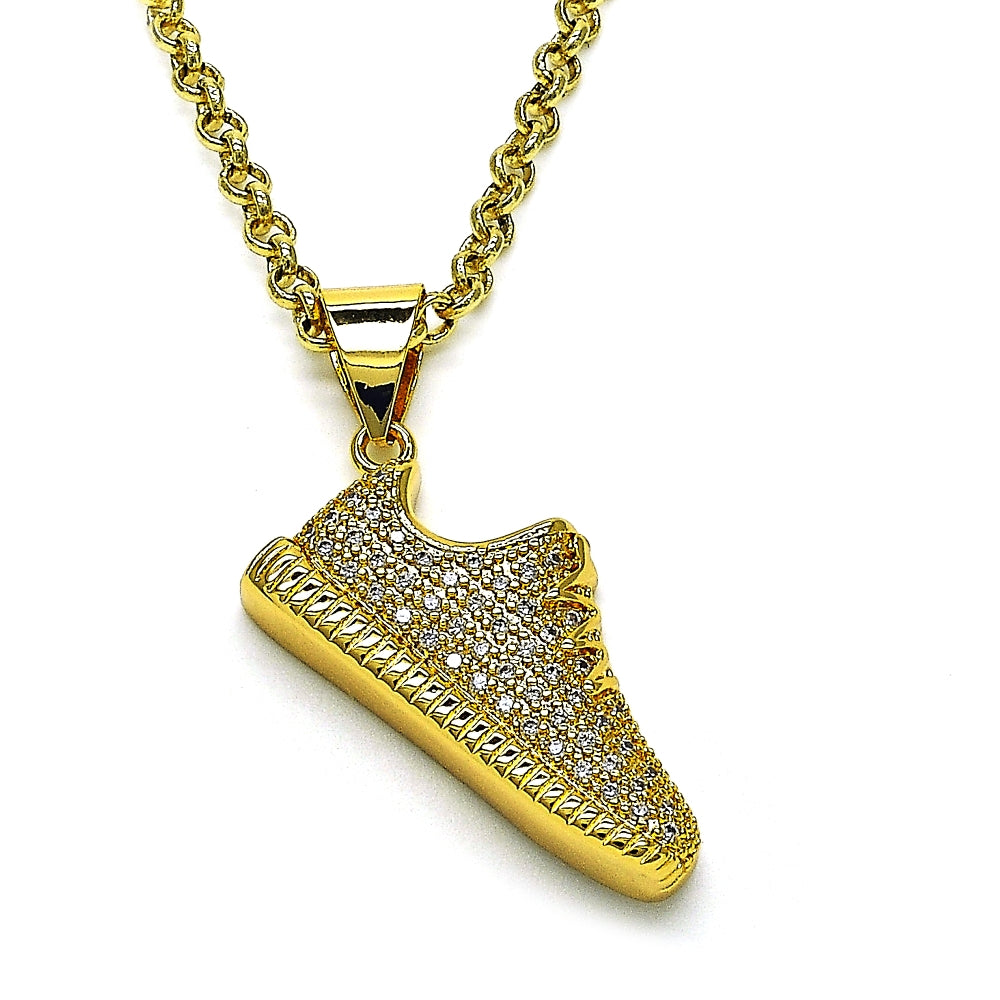 Oro Laminado Fancy Pendant, Gold Filled Style Shoes Design, with White Micro Pave, Polished, Golden Finish