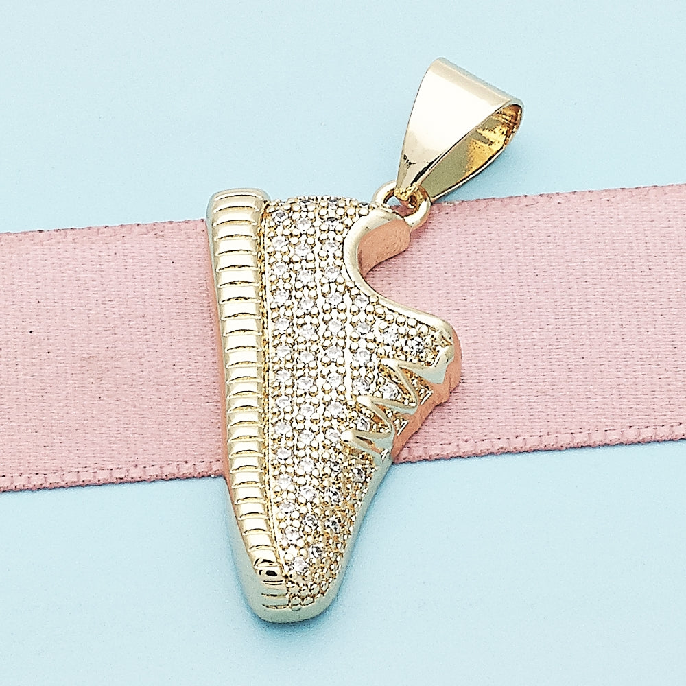 Oro Laminado Fancy Pendant, Gold Filled Style Shoes Design, with White Micro Pave, Polished, Golden Finish