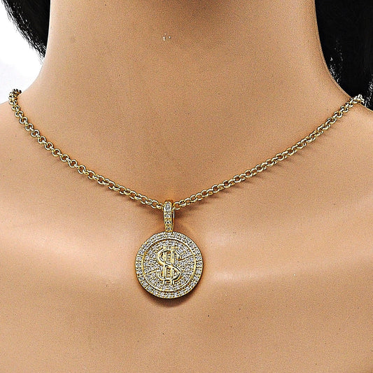 Oro Laminado Fancy Pendant, Gold Filled Style Money Sign Design, with White Micro Pave, Polished, Golden Finish