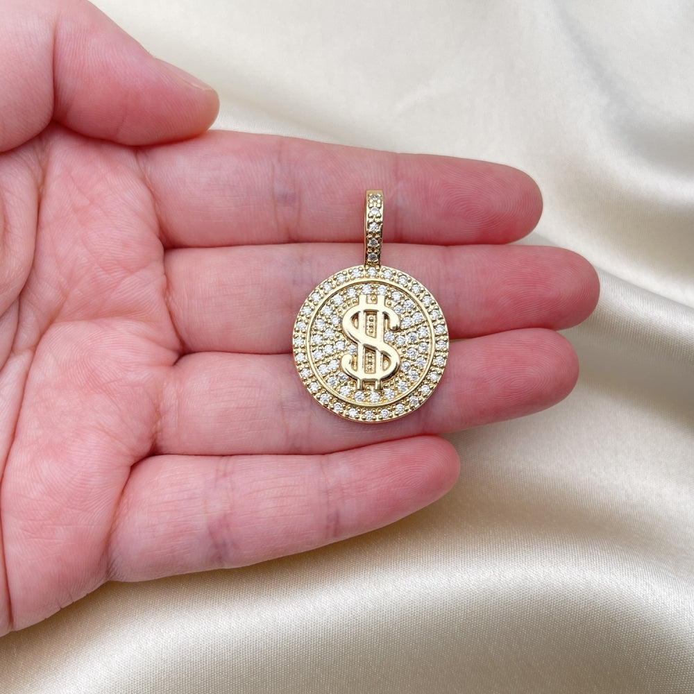 Oro Laminado Fancy Pendant, Gold Filled Style Money Sign Design, with White Micro Pave, Polished, Golden Finish