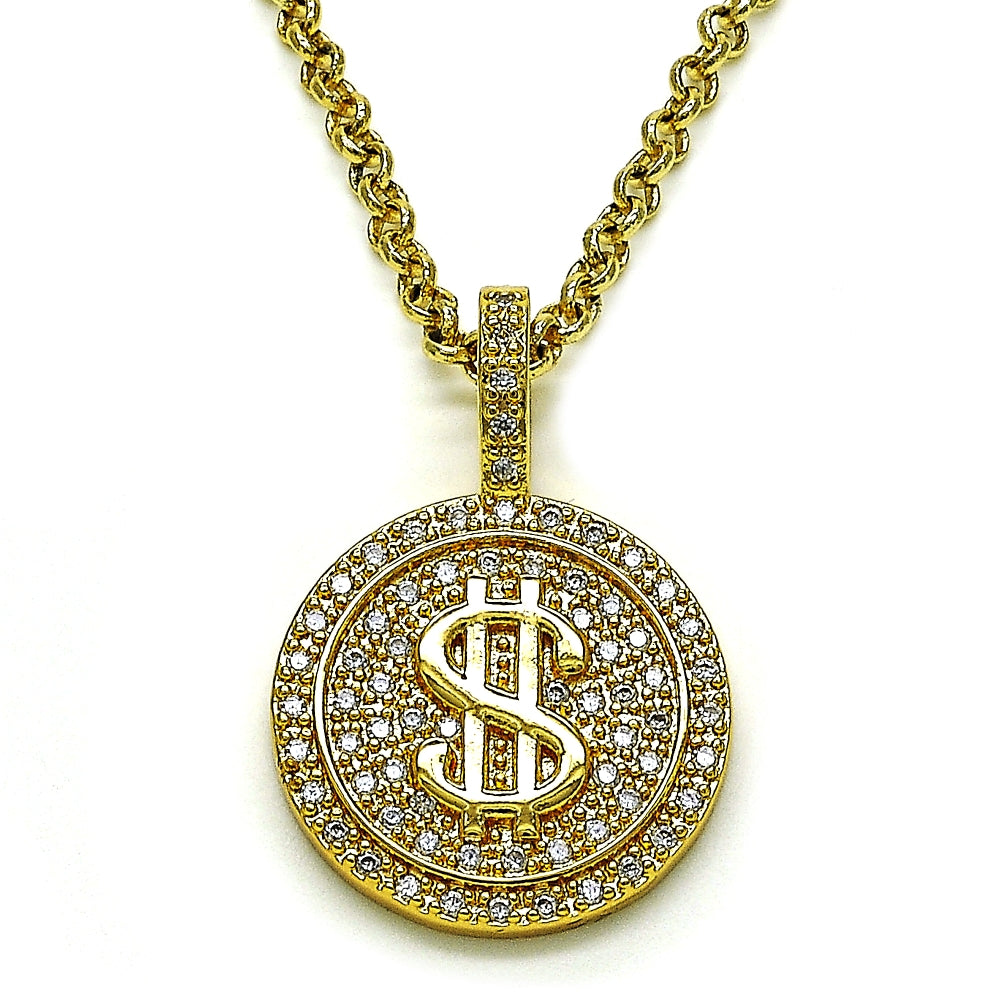 Oro Laminado Fancy Pendant, Gold Filled Style Money Sign Design, with White Micro Pave, Polished, Golden Finish