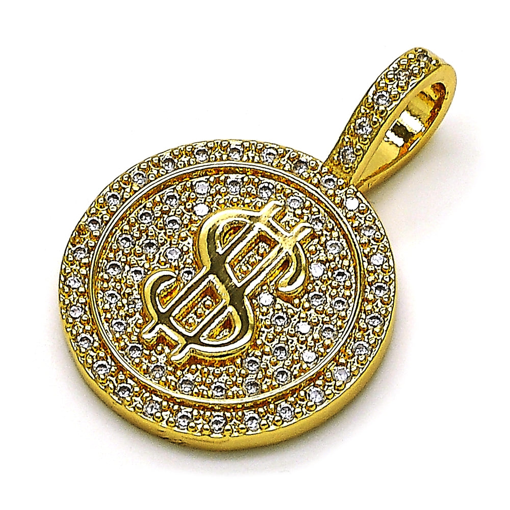 Oro Laminado Fancy Pendant, Gold Filled Style Money Sign Design, with White Micro Pave, Polished, Golden Finish