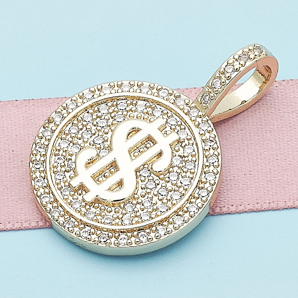 Oro Laminado Fancy Pendant, Gold Filled Style Money Sign Design, with White Micro Pave, Polished, Golden Finish