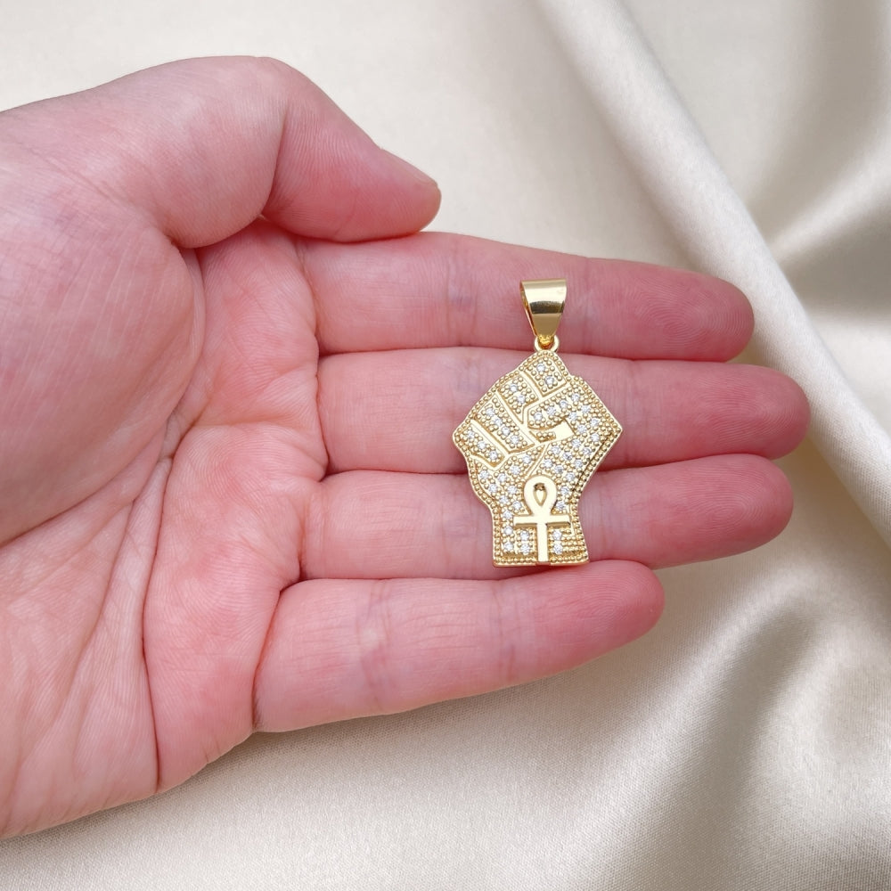 Oro Laminado Fancy Pendant, Gold Filled Style with White Micro Pave, Polished, Golden Finish