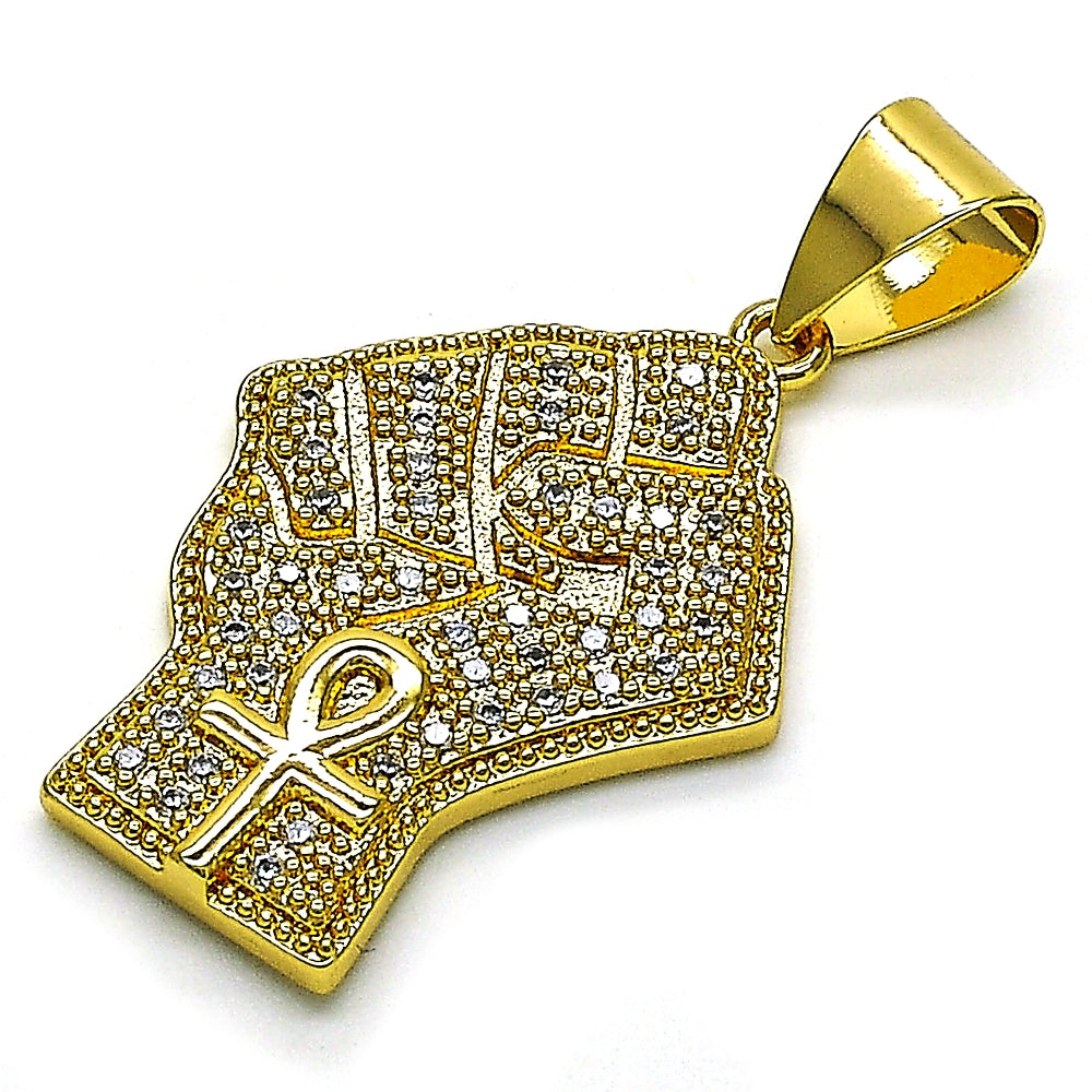 Oro Laminado Fancy Pendant, Gold Filled Style with White Micro Pave, Polished, Golden Finish