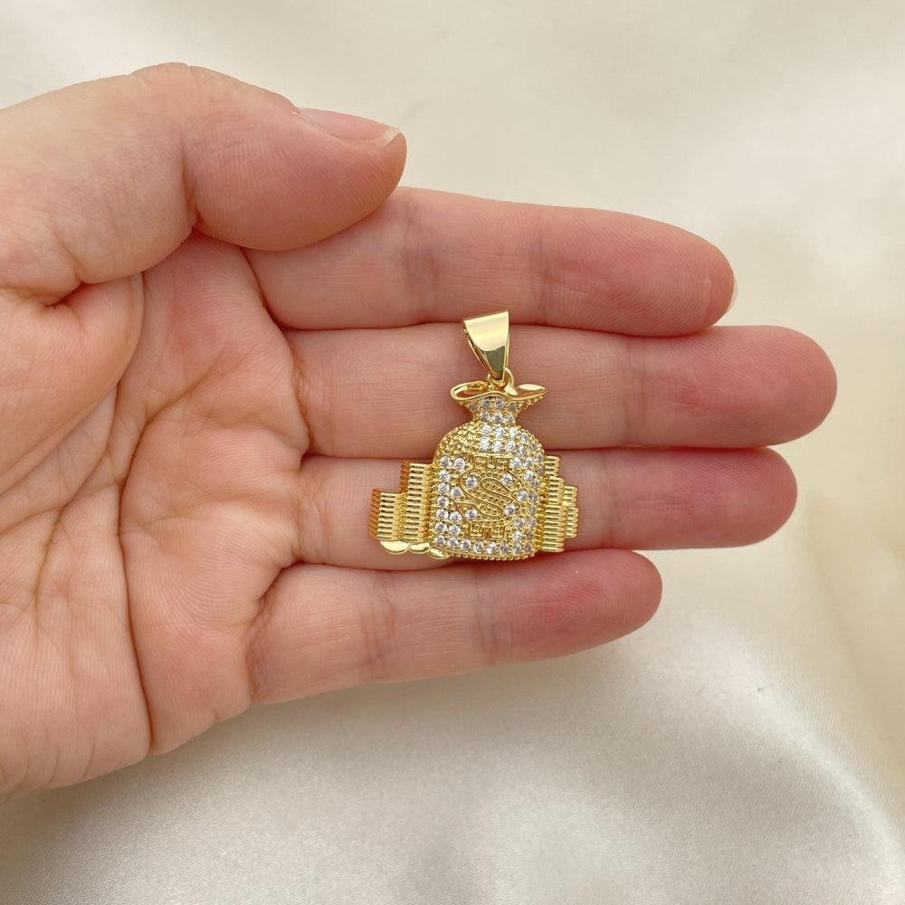 Oro Laminado Fancy Pendant, Gold Filled Style Money Sign Design, with White Micro Pave, Polished, Golden Finish