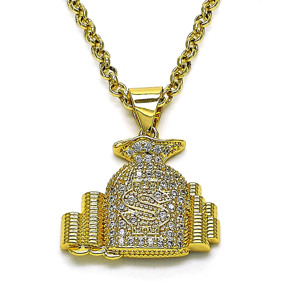 Oro Laminado Fancy Pendant, Gold Filled Style Money Sign Design, with White Micro Pave, Polished, Golden Finish