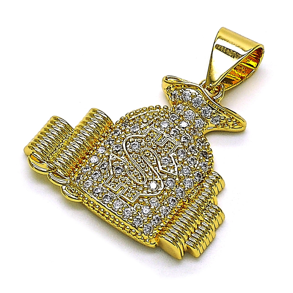 Oro Laminado Fancy Pendant, Gold Filled Style Money Sign Design, with White Micro Pave, Polished, Golden Finish