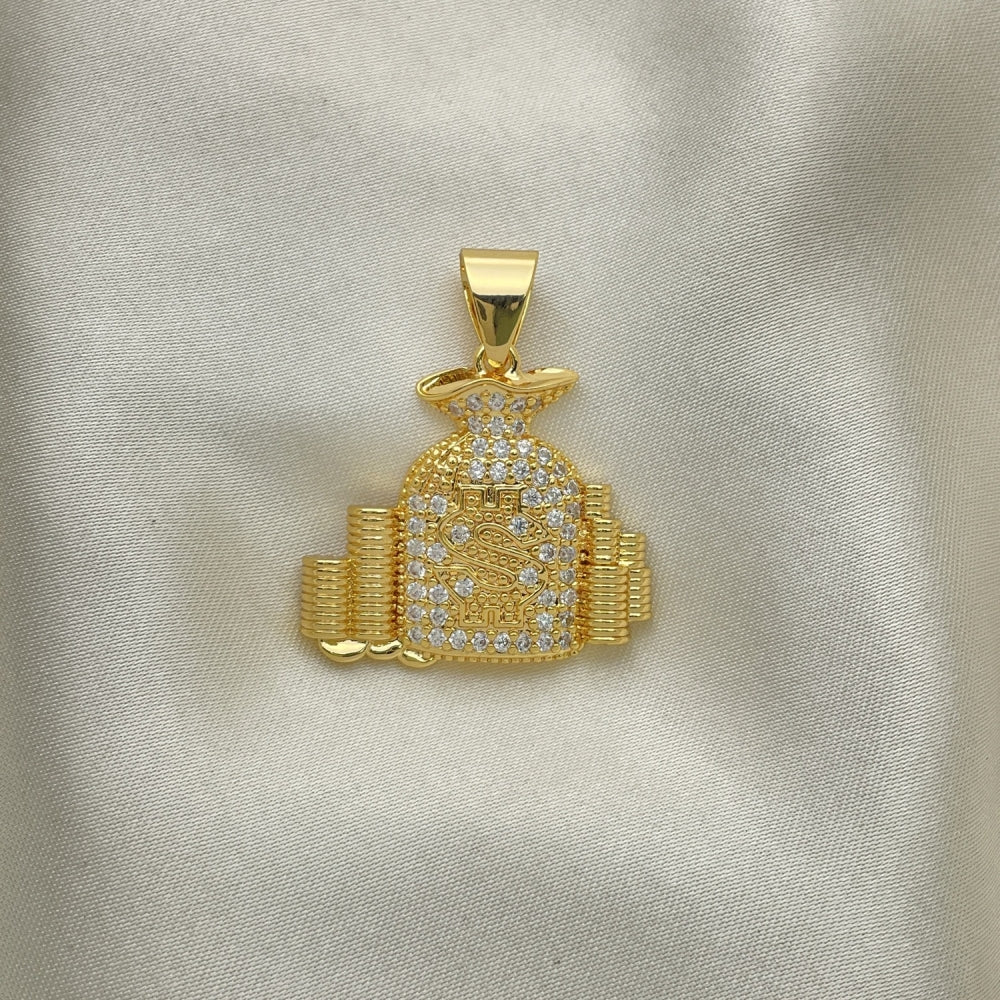 Oro Laminado Fancy Pendant, Gold Filled Style Money Sign Design, with White Micro Pave, Polished, Golden Finish