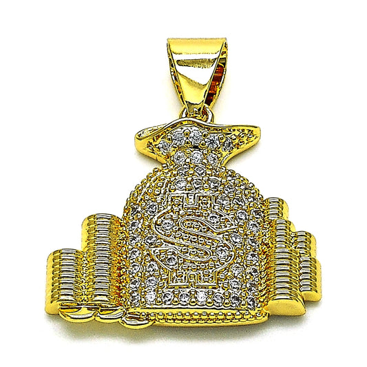 Oro Laminado Fancy Pendant, Gold Filled Style Money Sign Design, with White Micro Pave, Polished, Golden Finish
