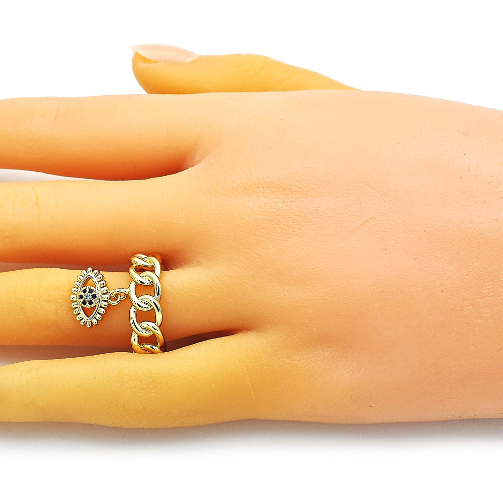 Oro Laminado Multi Stone Ring, Gold Filled Style Evil Eye and Curb Design, with Black and Blue Topaz Micro Pave, Polished, Golden Finish