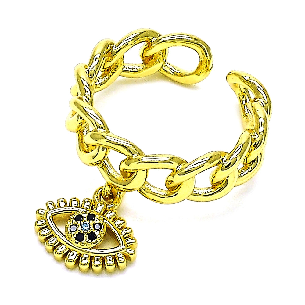 Oro Laminado Multi Stone Ring, Gold Filled Style Evil Eye and Curb Design, with Black and Blue Topaz Micro Pave, Polished, Golden Finish