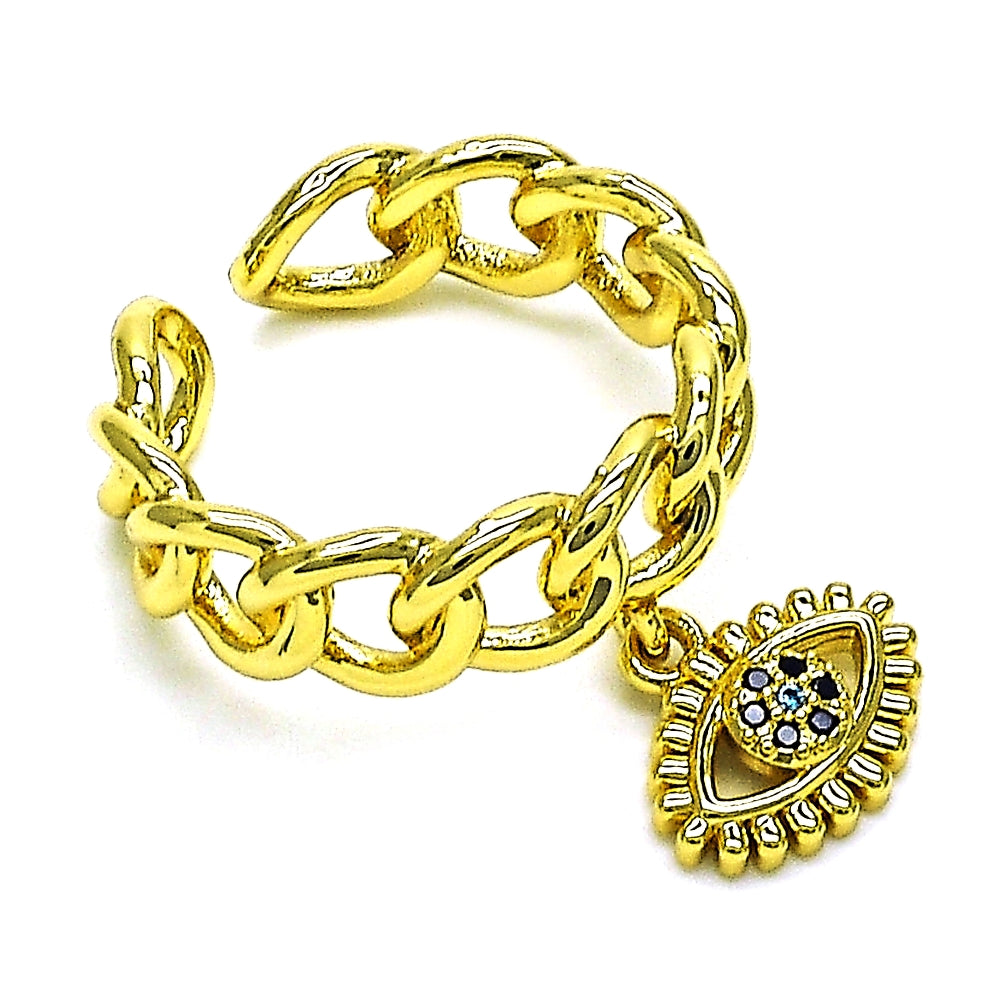 Oro Laminado Multi Stone Ring, Gold Filled Style Evil Eye and Curb Design, with Black and Blue Topaz Micro Pave, Polished, Golden Finish
