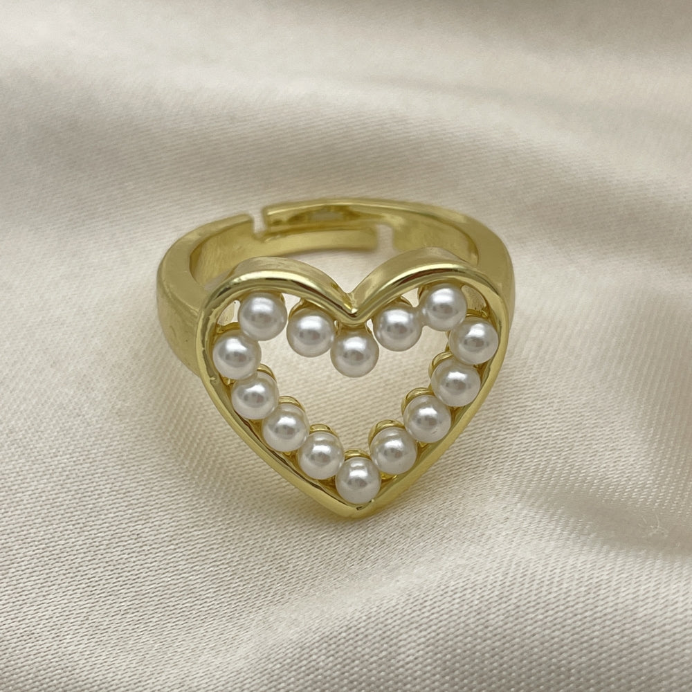 Oro Laminado Multi Stone Ring, Gold Filled Style Heart Design, with Ivory Pearl, Polished, Golden Finish
