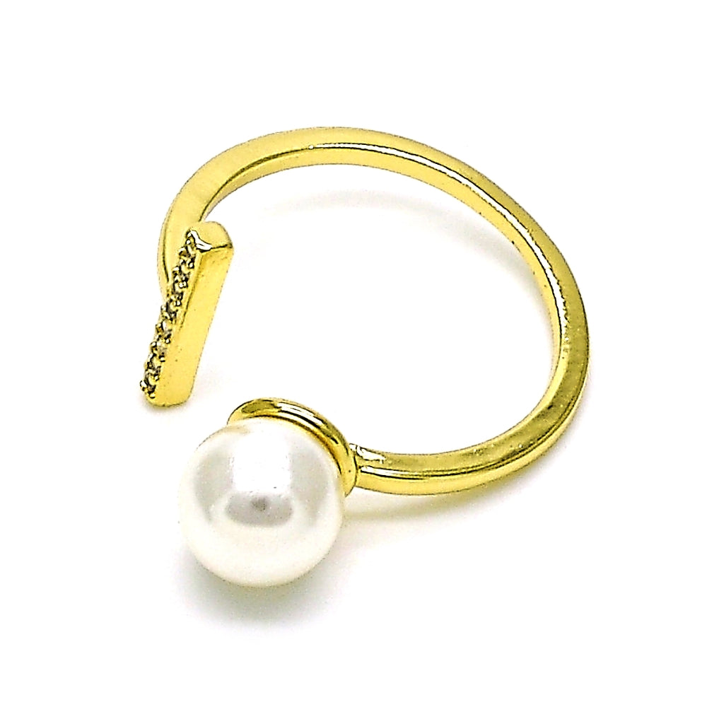 Oro Laminado Multi Stone Ring, Gold Filled Style with Ivory Pearl and White Micro Pave, Polished, Golden Finish