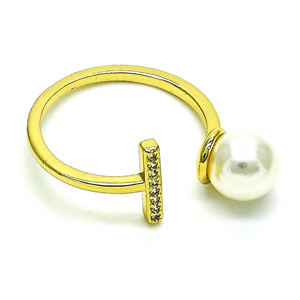 Oro Laminado Multi Stone Ring, Gold Filled Style with Ivory Pearl and White Micro Pave, Polished, Golden Finish