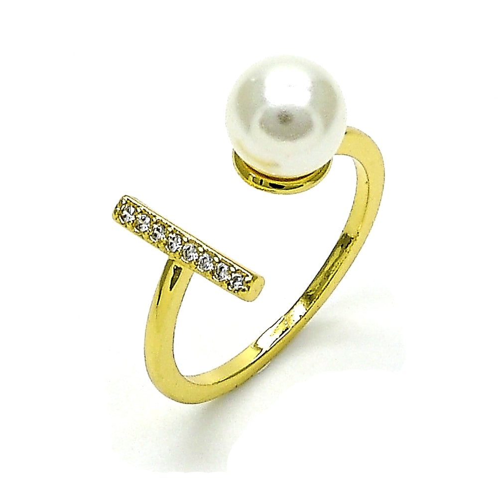 Oro Laminado Multi Stone Ring, Gold Filled Style with Ivory Pearl and White Micro Pave, Polished, Golden Finish