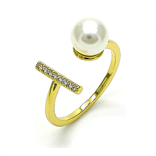 Oro Laminado Multi Stone Ring, Gold Filled Style with Ivory Pearl and White Micro Pave, Polished, Golden Finish