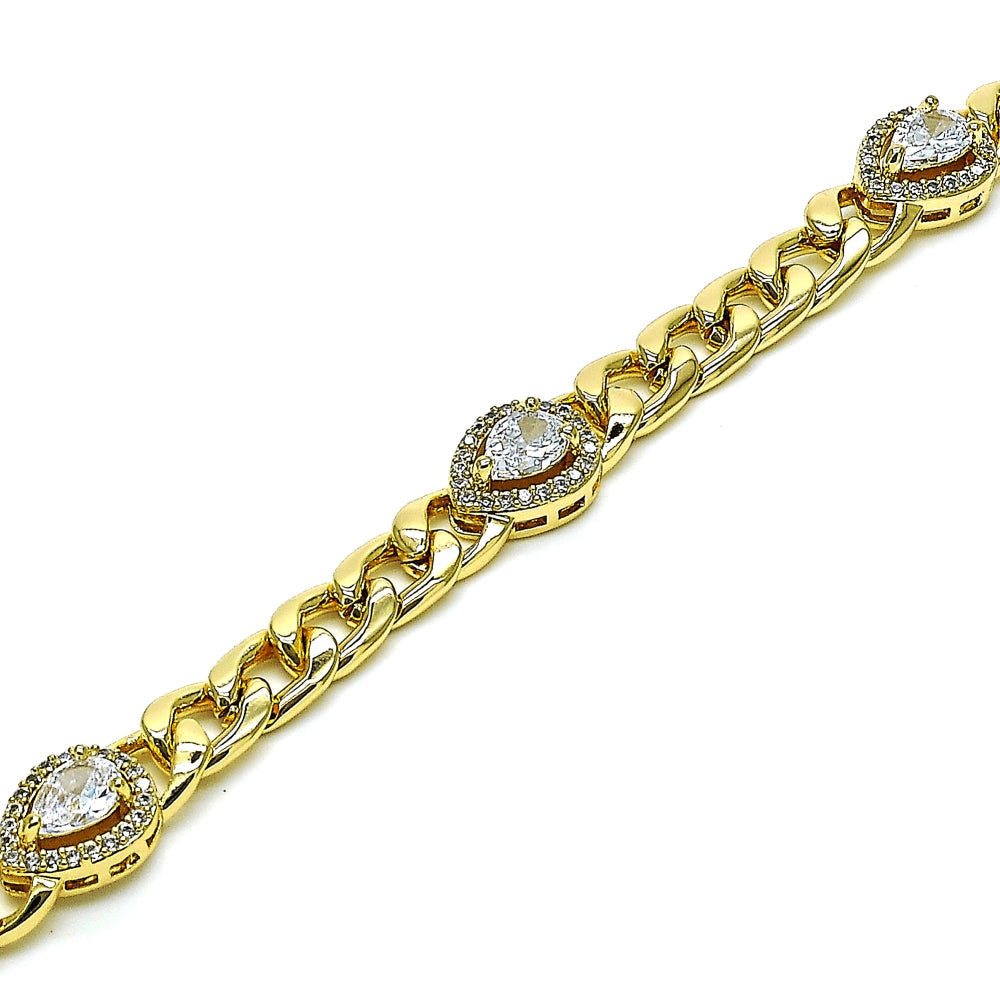 Oro Laminado Fancy Bracelet, Gold Filled Style Teardrop and Curb Design, with White Cubic Zirconia and White Micro Pave, Polished, Golden Finish