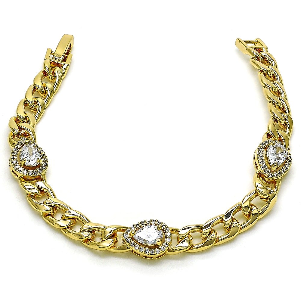 Oro Laminado Fancy Bracelet, Gold Filled Style Teardrop and Curb Design, with White Cubic Zirconia and White Micro Pave, Polished, Golden Finish