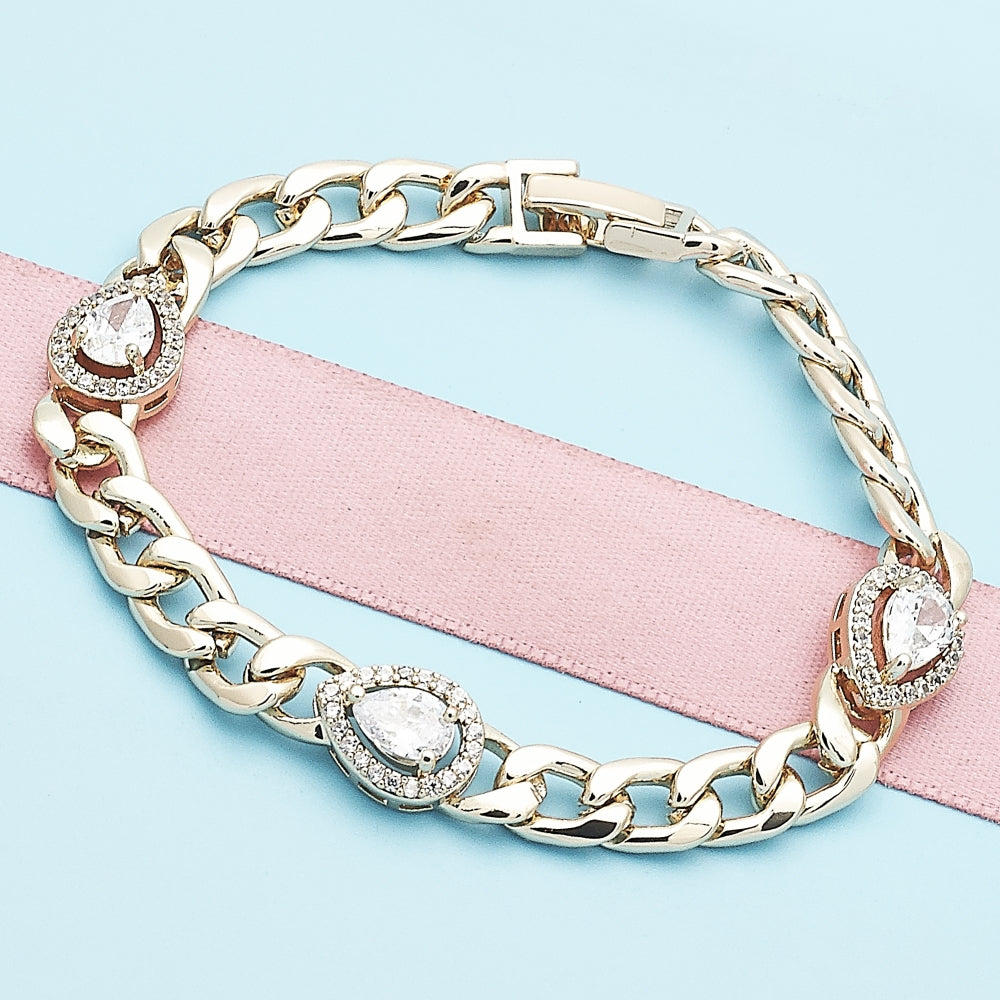 Oro Laminado Fancy Bracelet, Gold Filled Style Teardrop and Curb Design, with White Cubic Zirconia and White Micro Pave, Polished, Golden Finish