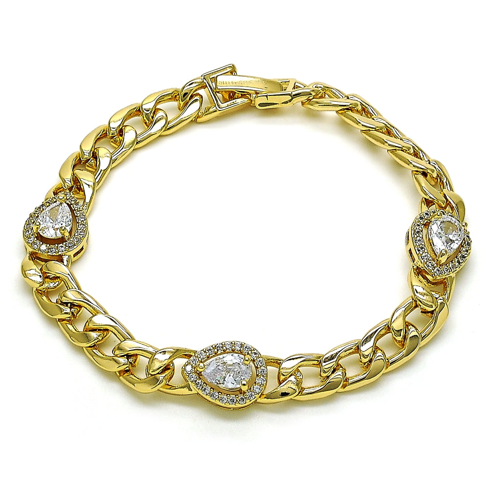 Oro Laminado Fancy Bracelet, Gold Filled Style Teardrop and Curb Design, with White Cubic Zirconia and White Micro Pave, Polished, Golden Finish