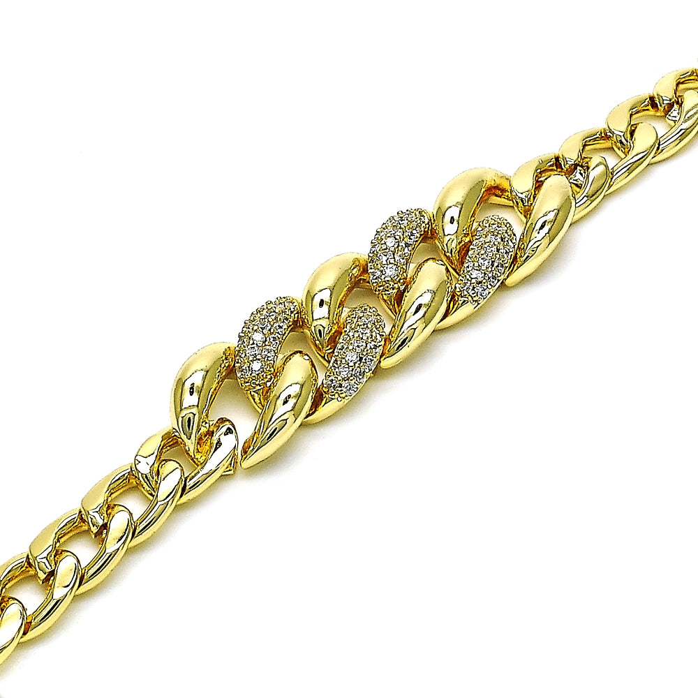 Oro Laminado Fancy Bracelet, Gold Filled Style Curb Design, with White Micro Pave, Polished, Golden Finish