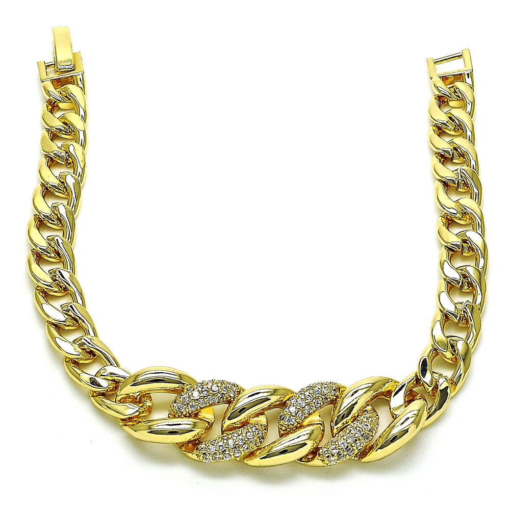 Oro Laminado Fancy Bracelet, Gold Filled Style Curb Design, with White Micro Pave, Polished, Golden Finish