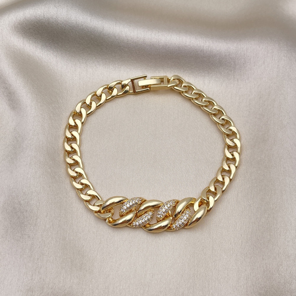 Oro Laminado Fancy Bracelet, Gold Filled Style Curb Design, with White Micro Pave, Polished, Golden Finish