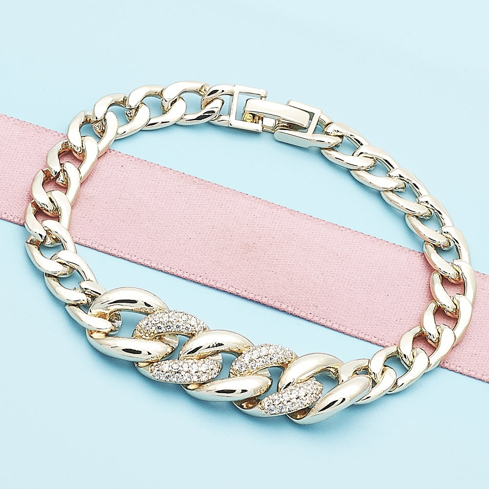 Oro Laminado Fancy Bracelet, Gold Filled Style Curb Design, with White Micro Pave, Polished, Golden Finish