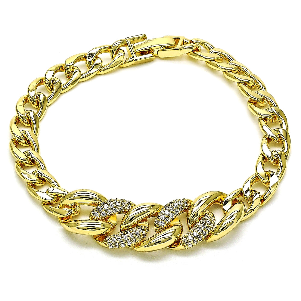Oro Laminado Fancy Bracelet, Gold Filled Style Curb Design, with White Micro Pave, Polished, Golden Finish